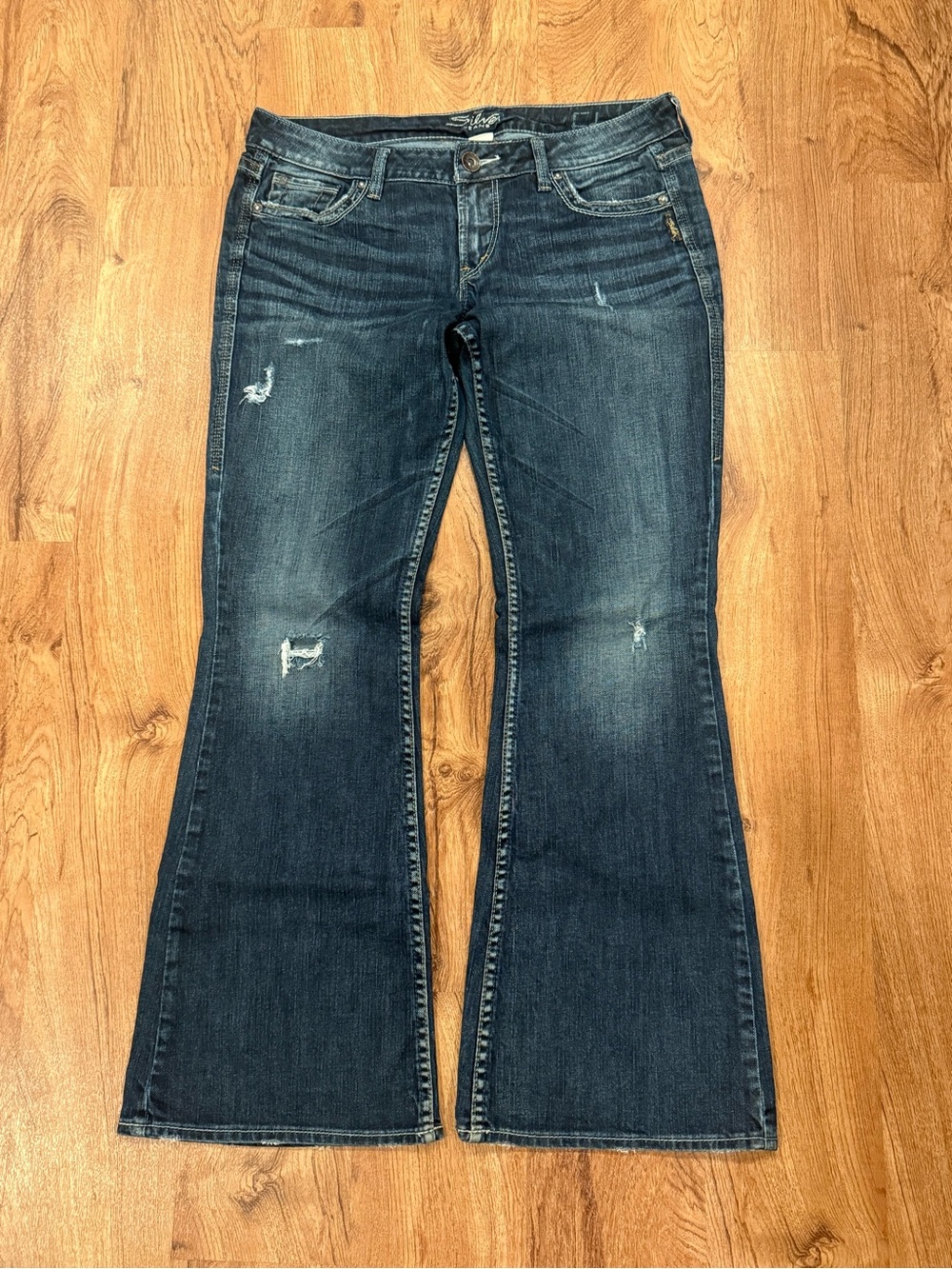 Silver Jeans Distressed Indigo Flare Jeans 31x33